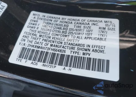 2015 Honda Cr-V Ex-L from USA, damaged, VIN 2HKRM4H73FH664826